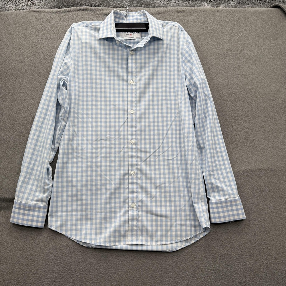 Mizzen+Main Leeward Shirt Mens Small Blue Gingham Check Trim Fit Stretch‎ Dress